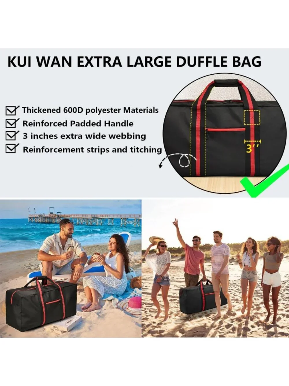 100L Large Red Duffle Bag - Travel, Overnight, Weekender, Camping & Storage